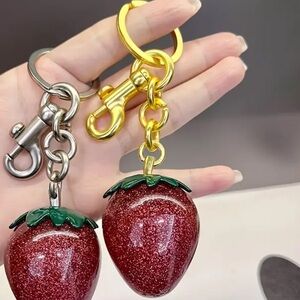 Strawberry Keychain or bag charm with Gold Clip